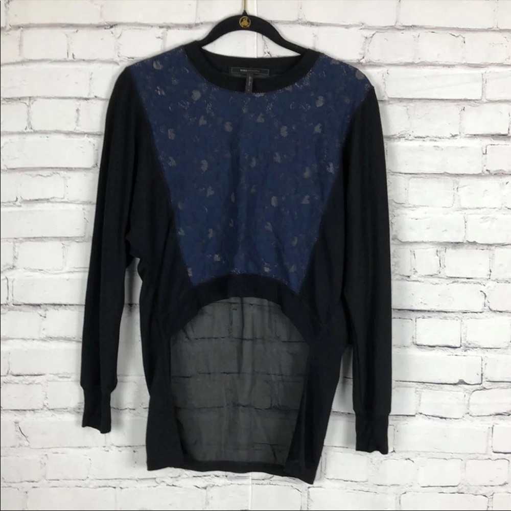 BCBG Maxazria Blue and Black Lace Sheer Sweater